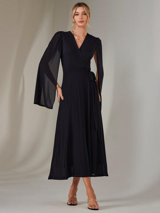 Amira Cape Sleeve Wrapped Maxi Dress, Navy