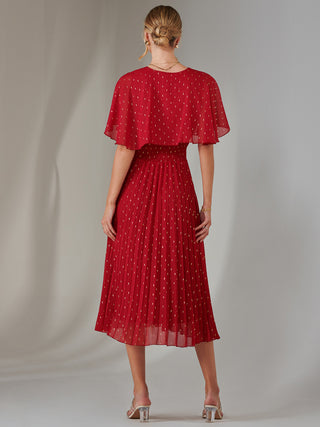 Metallic Spot Chiffon Pleated Dress, Dark Red