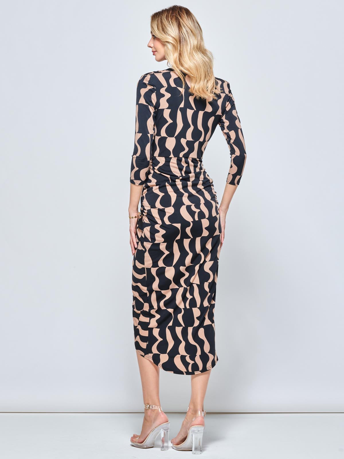 Drape Front Plunge Bodycon Maxi Dress, Brown Pattern