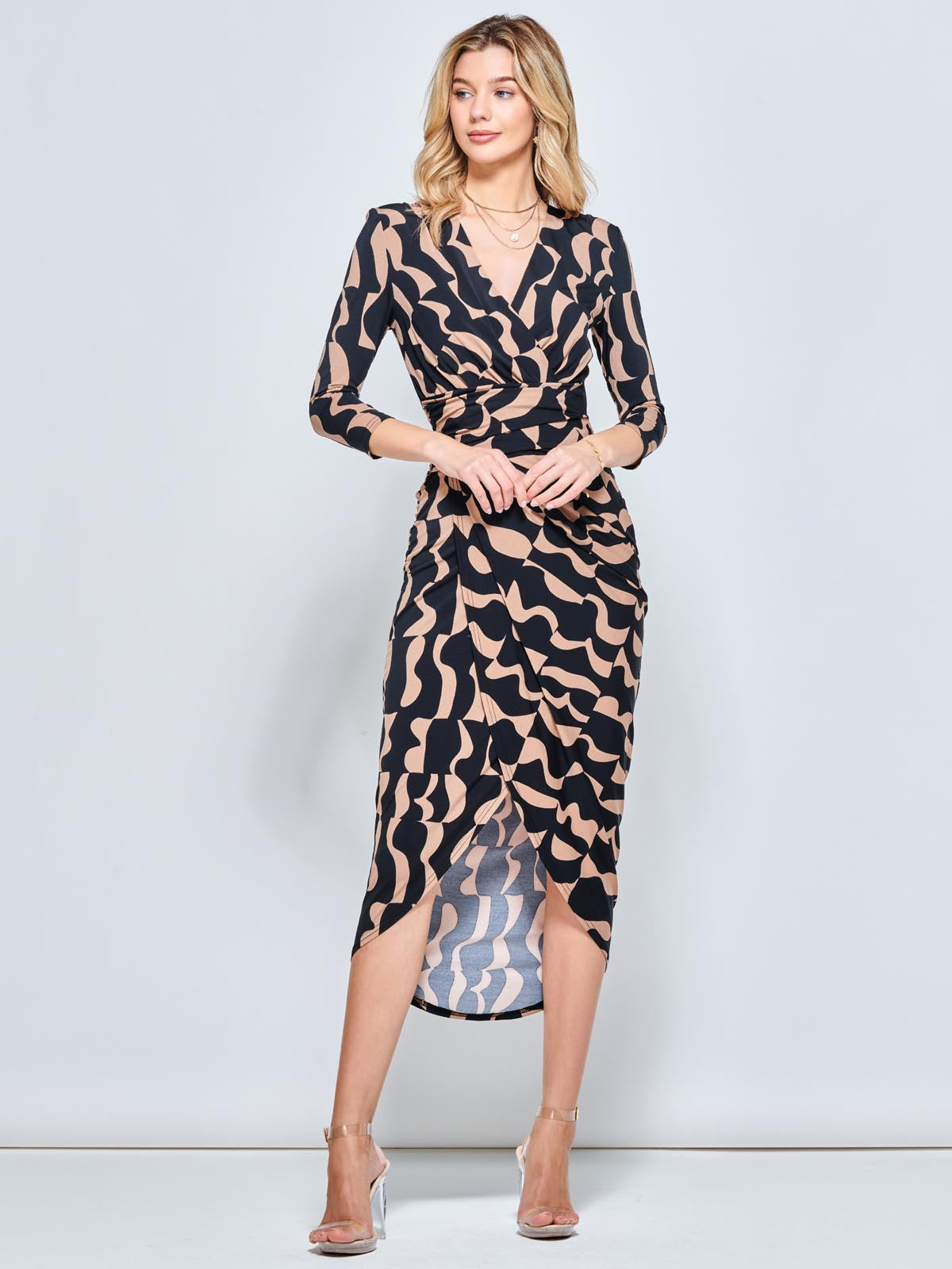 Drape Front Plunge Bodycon Maxi Dress, Brown Pattern
