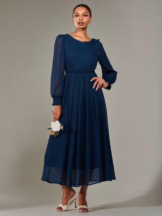Long Sleeve Chiffon Midaxi Dress, Navy