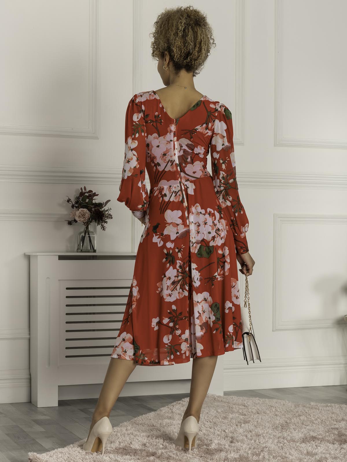 Gianna Long Sleeve Mesh Dress, Red Floral
