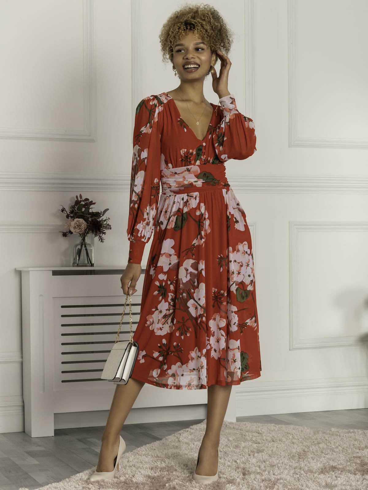 Gianna Long Sleeve Mesh Dress, Red Floral