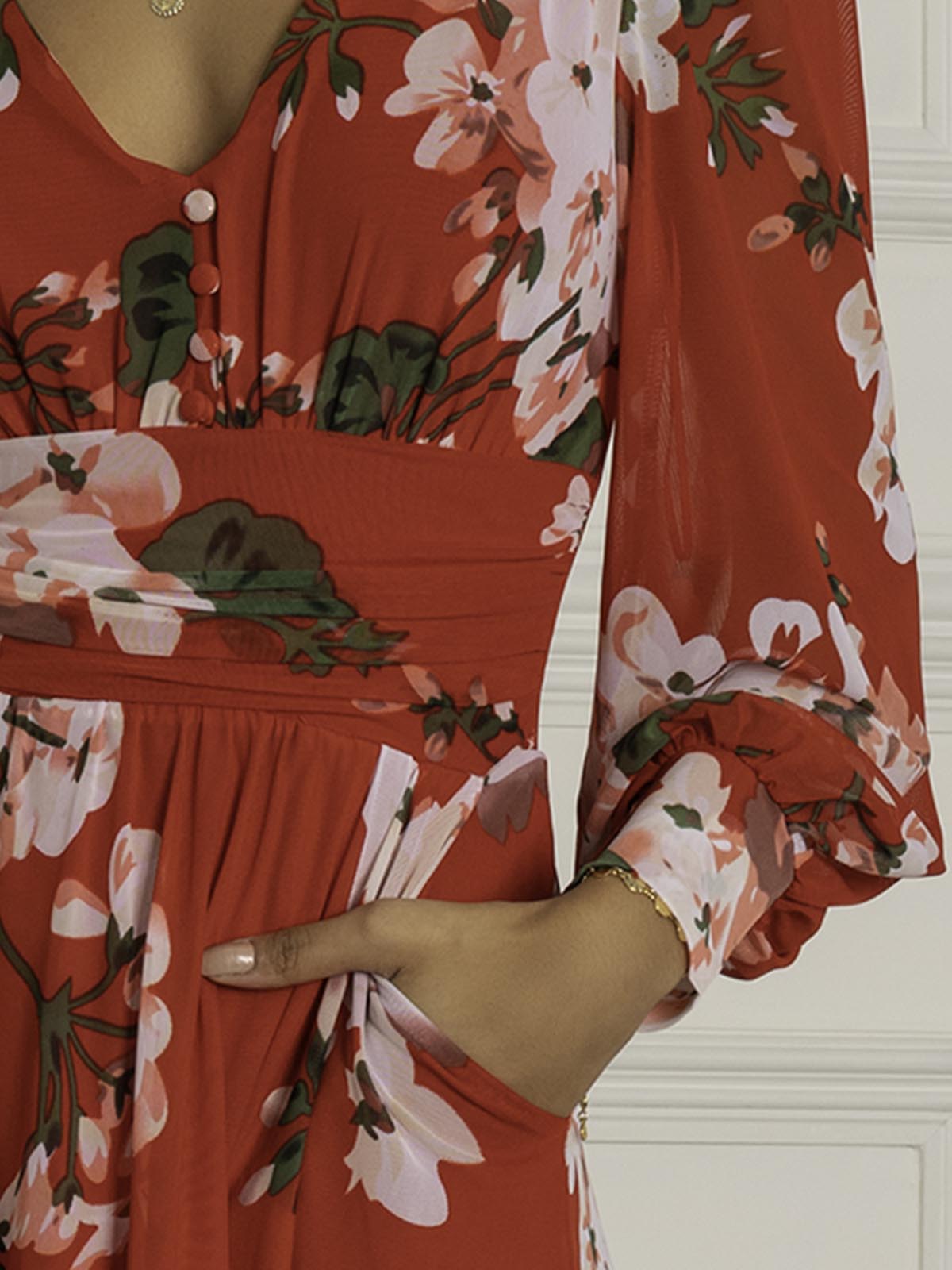 Gianna Long Sleeve Mesh Dress, Red Floral