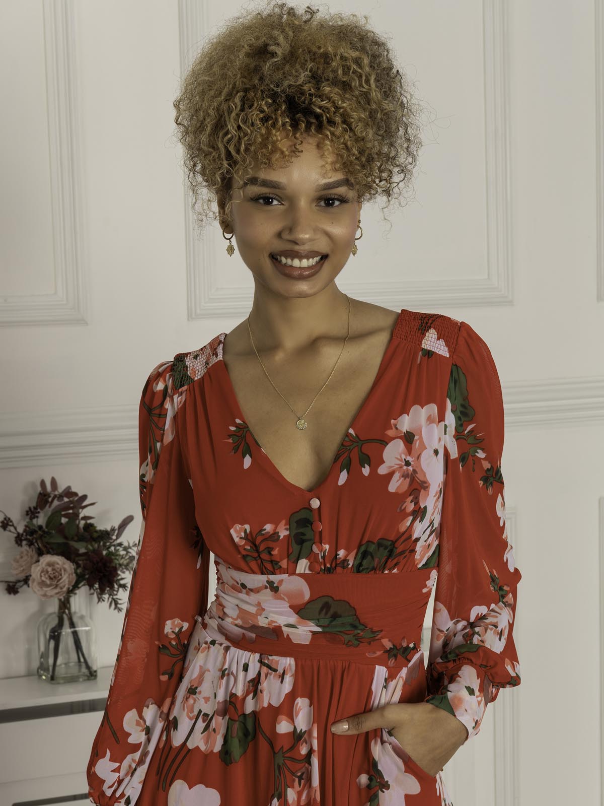 Gianna Long Sleeve Mesh Dress, Red Floral