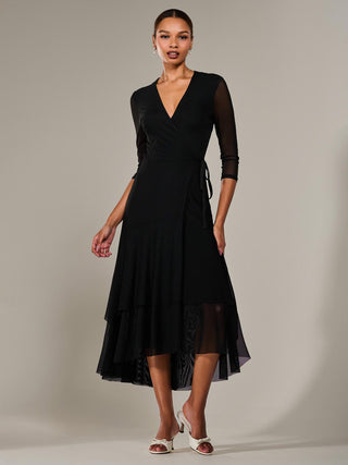 Mesh Wrap Midaxi Dress, Black