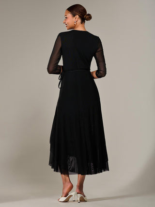 Mesh Wrap Midaxi Dress, Black