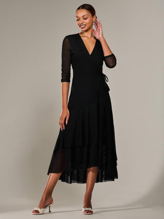 Mesh Wrap Midaxi Dress, Black