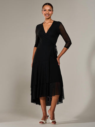 Mesh Wrap Midaxi Dress, Black