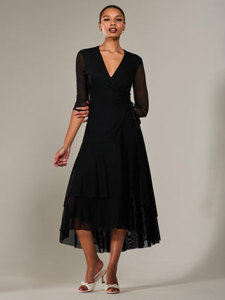 Mesh Wrap Midaxi Dress, Black