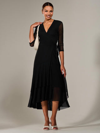 Mesh Wrap Midaxi Dress, Black