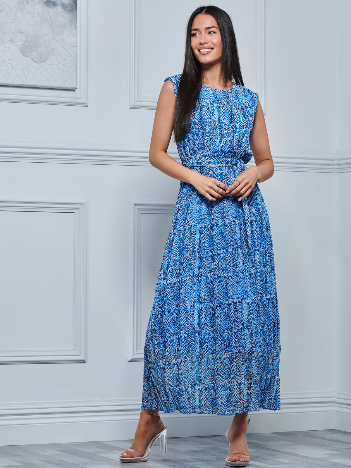 Hollyn Pleated Chiffon Maxi Dress, Blue Abstract