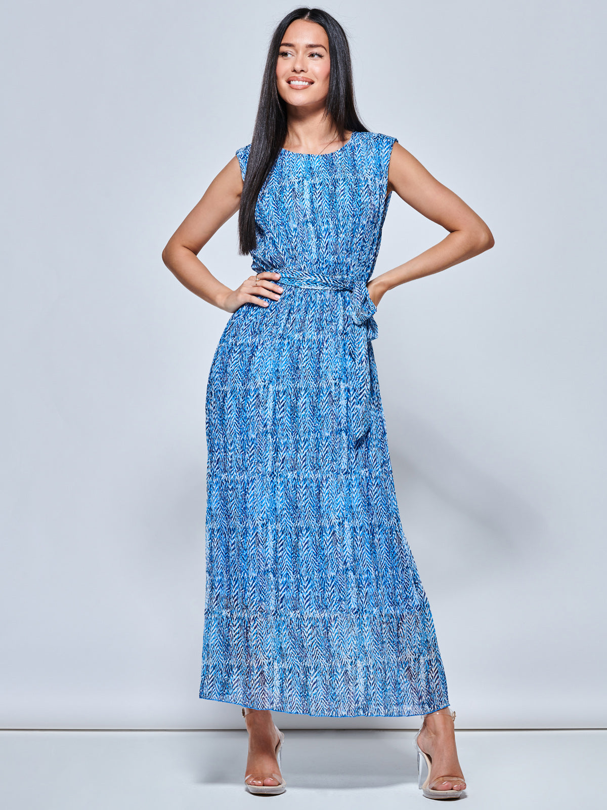 Hollyn Pleated Chiffon Maxi Dress, Blue Abstract