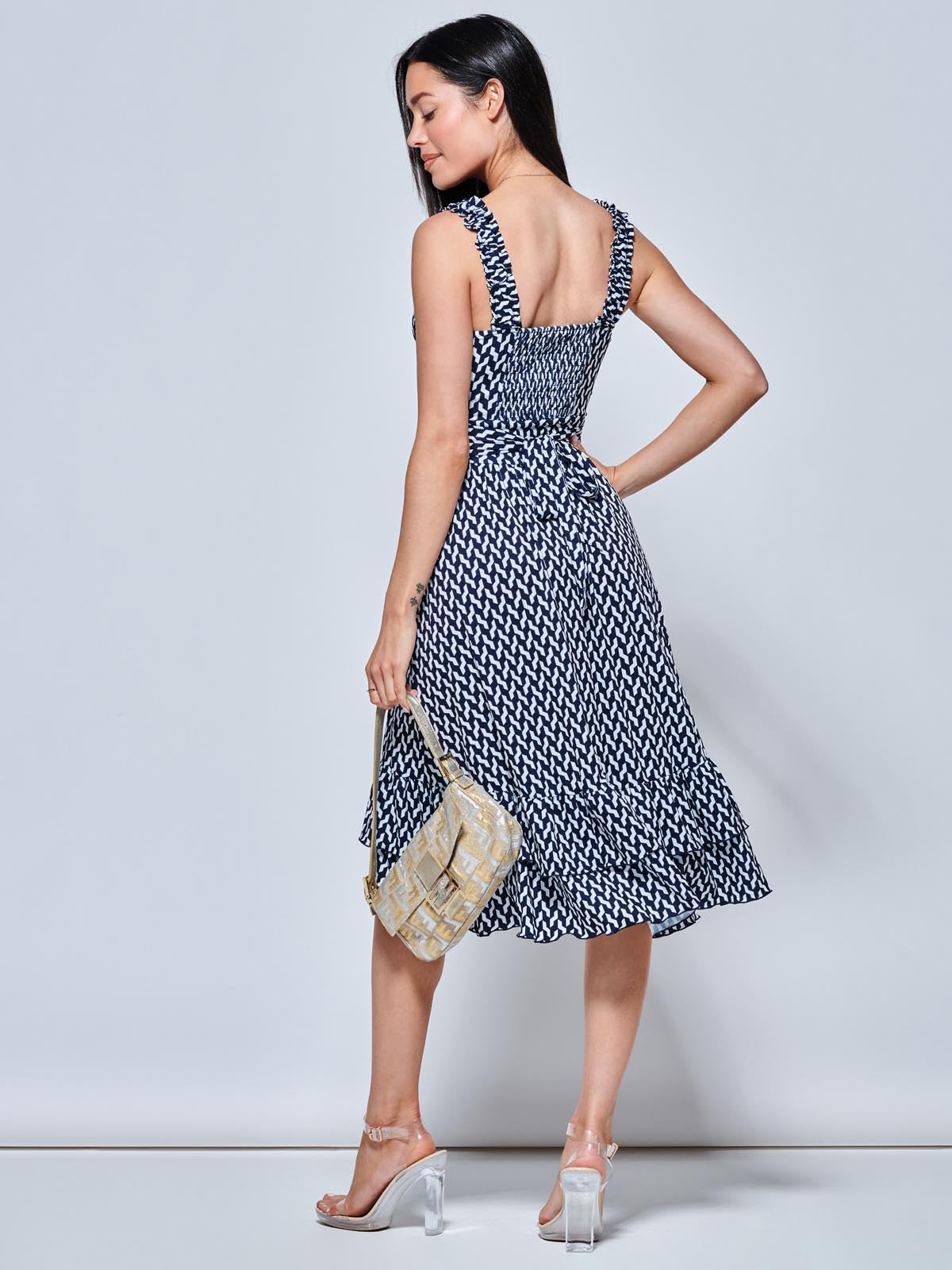 Harleen Sleeveless Tiered Midi Dress, Navy Geo