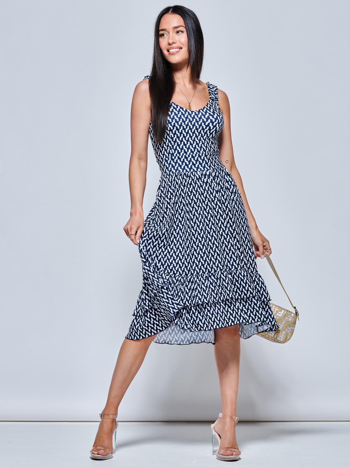Harleen Sleeveless Tiered Midi Dress, Navy Geo