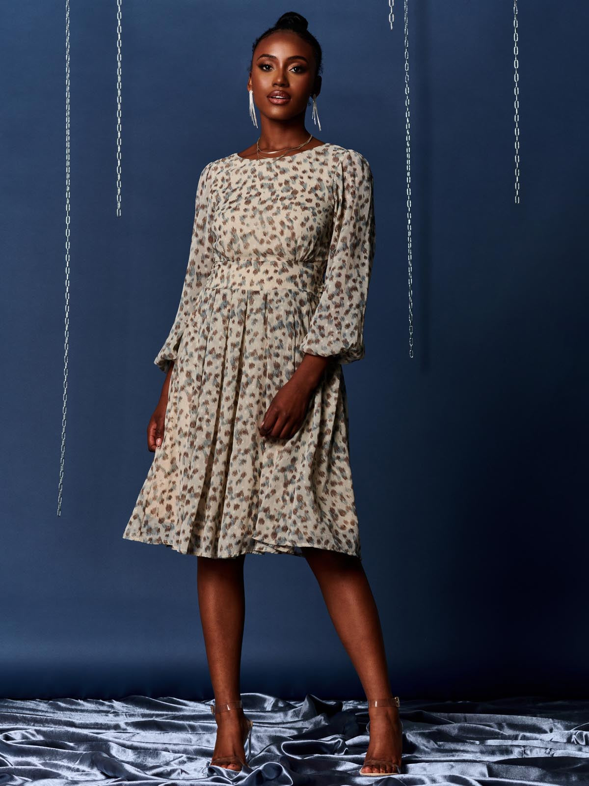 Long Sleeve Chiffon Midi Dress, Animal Multi