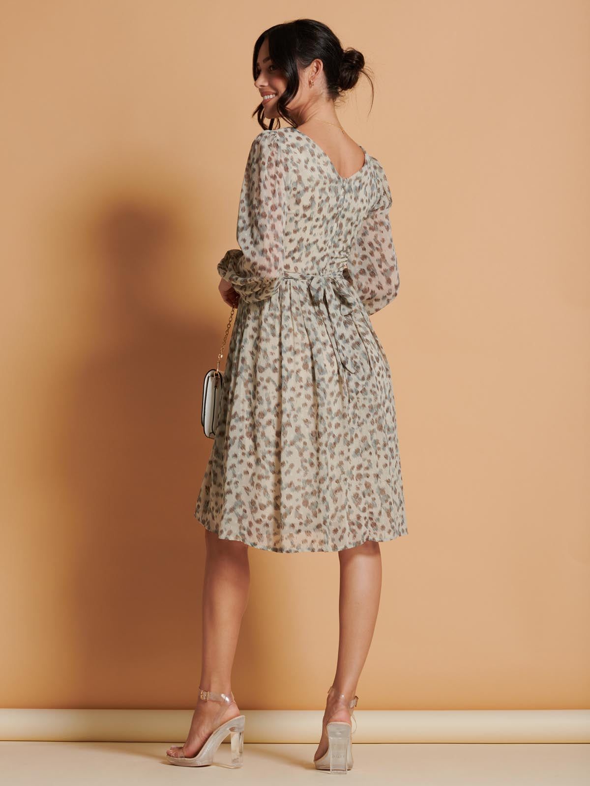 Long Sleeve Chiffon Midi Dress, Animal Multi