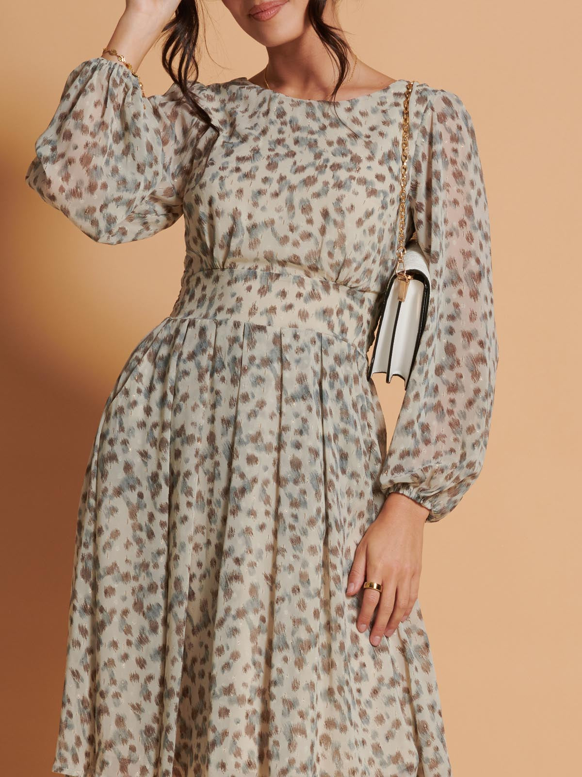 Long Sleeve Chiffon Midi Dress, Animal Multi
