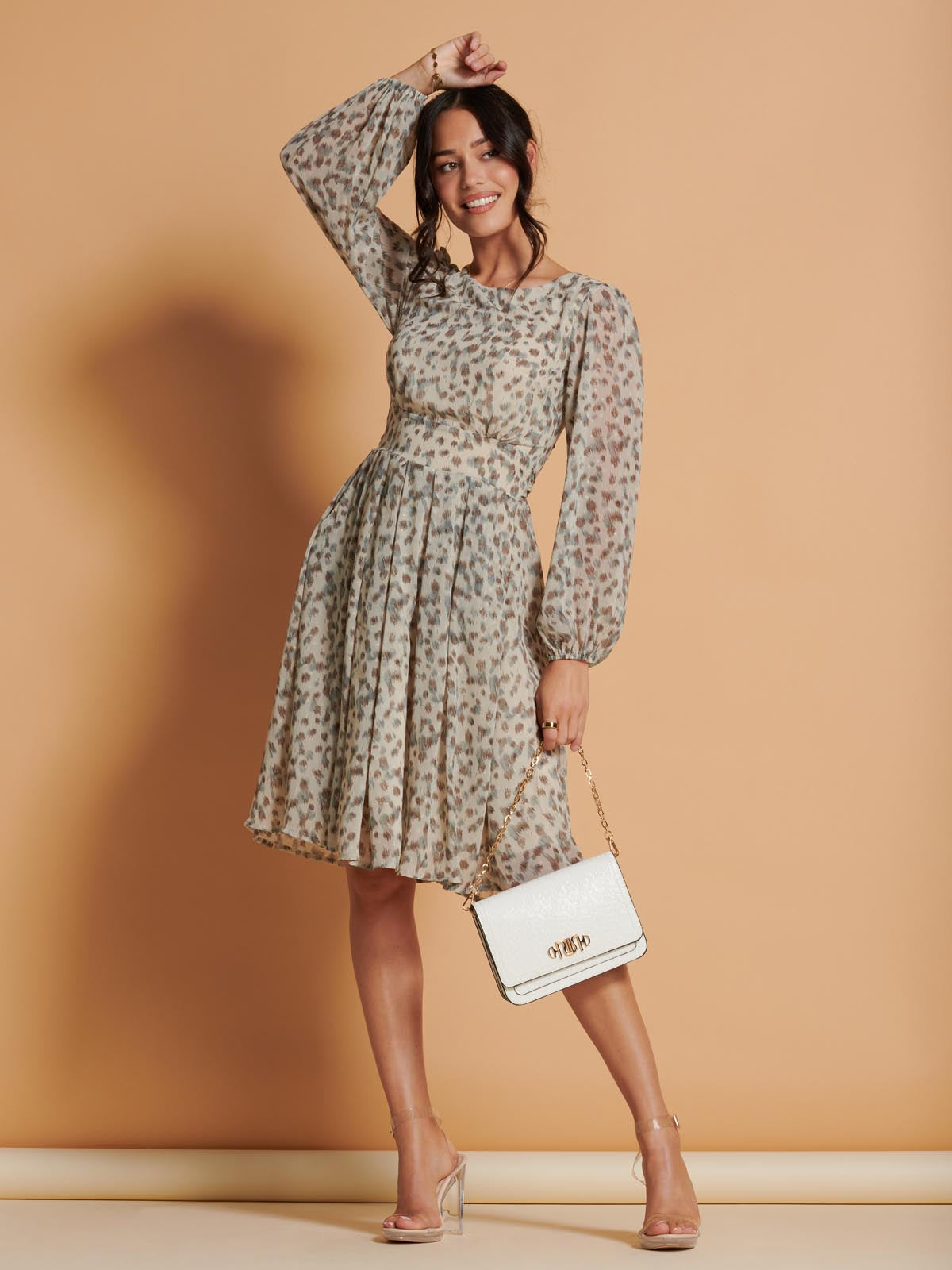 Long Sleeve Chiffon Midi Dress, Animal Multi