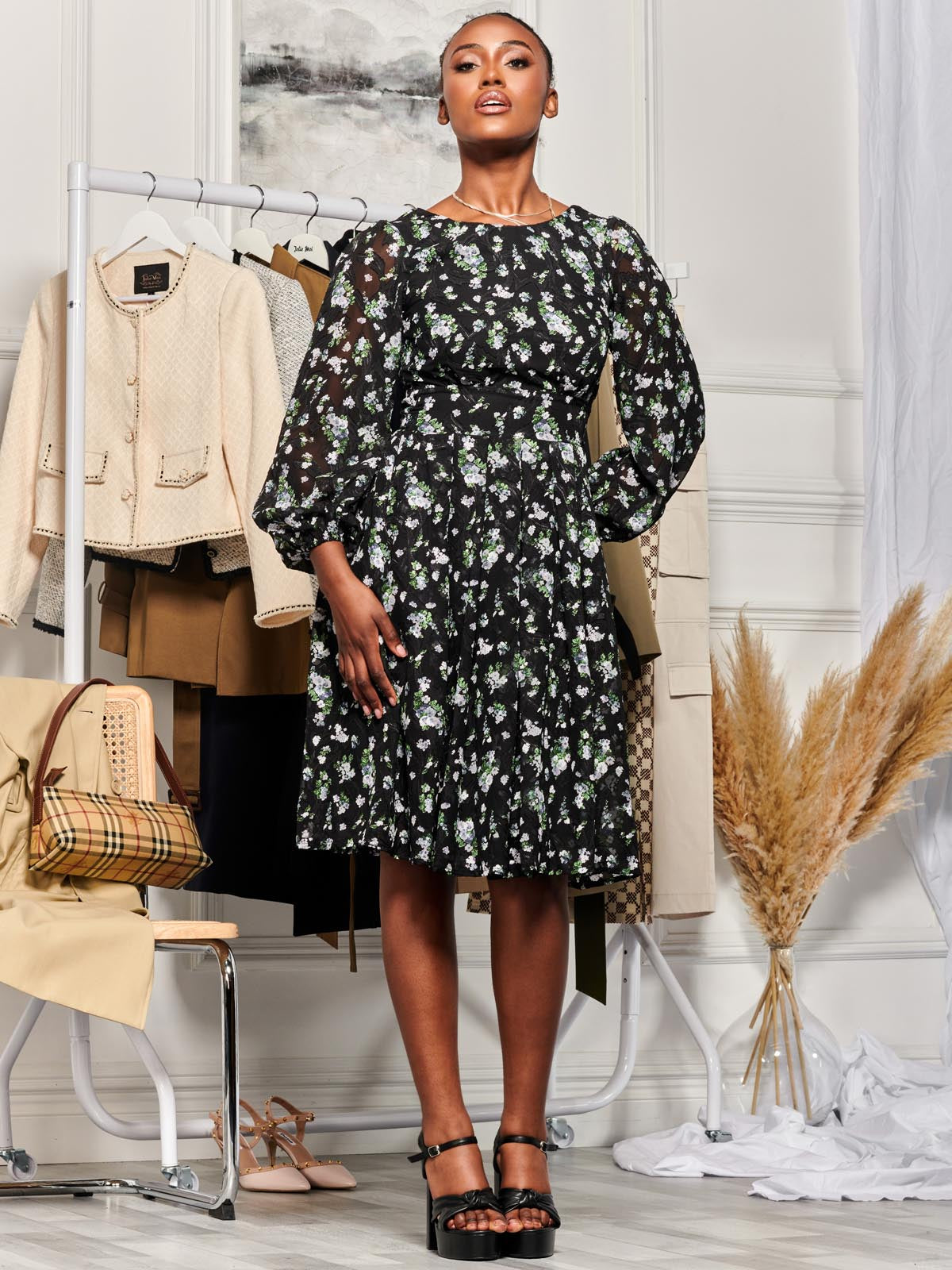 Long Sleeve Chiffon Midi Dress, Black Floral