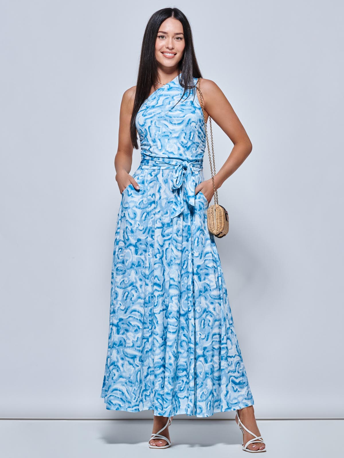 Marble Print One Shoulder Maxi Dress, Blue Multi