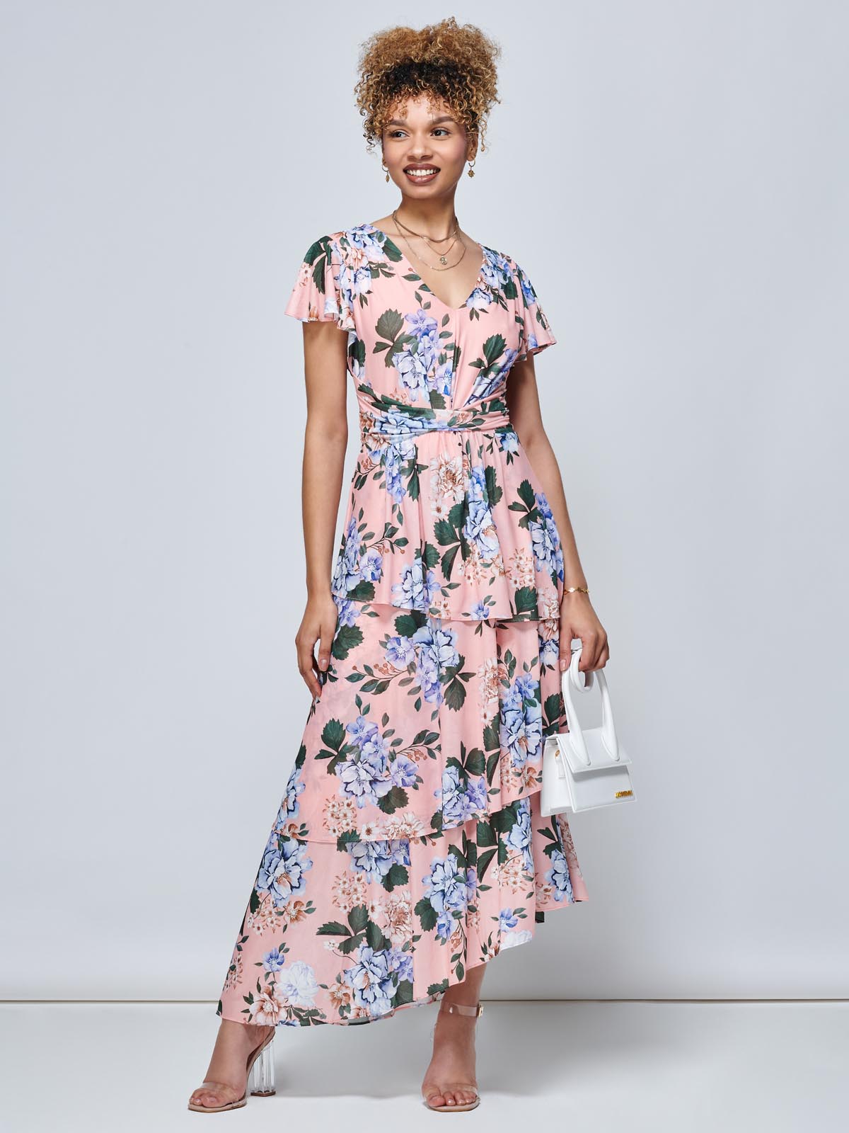 Danica Tiered Hem Mesh Maxi Dress, Pink Multi