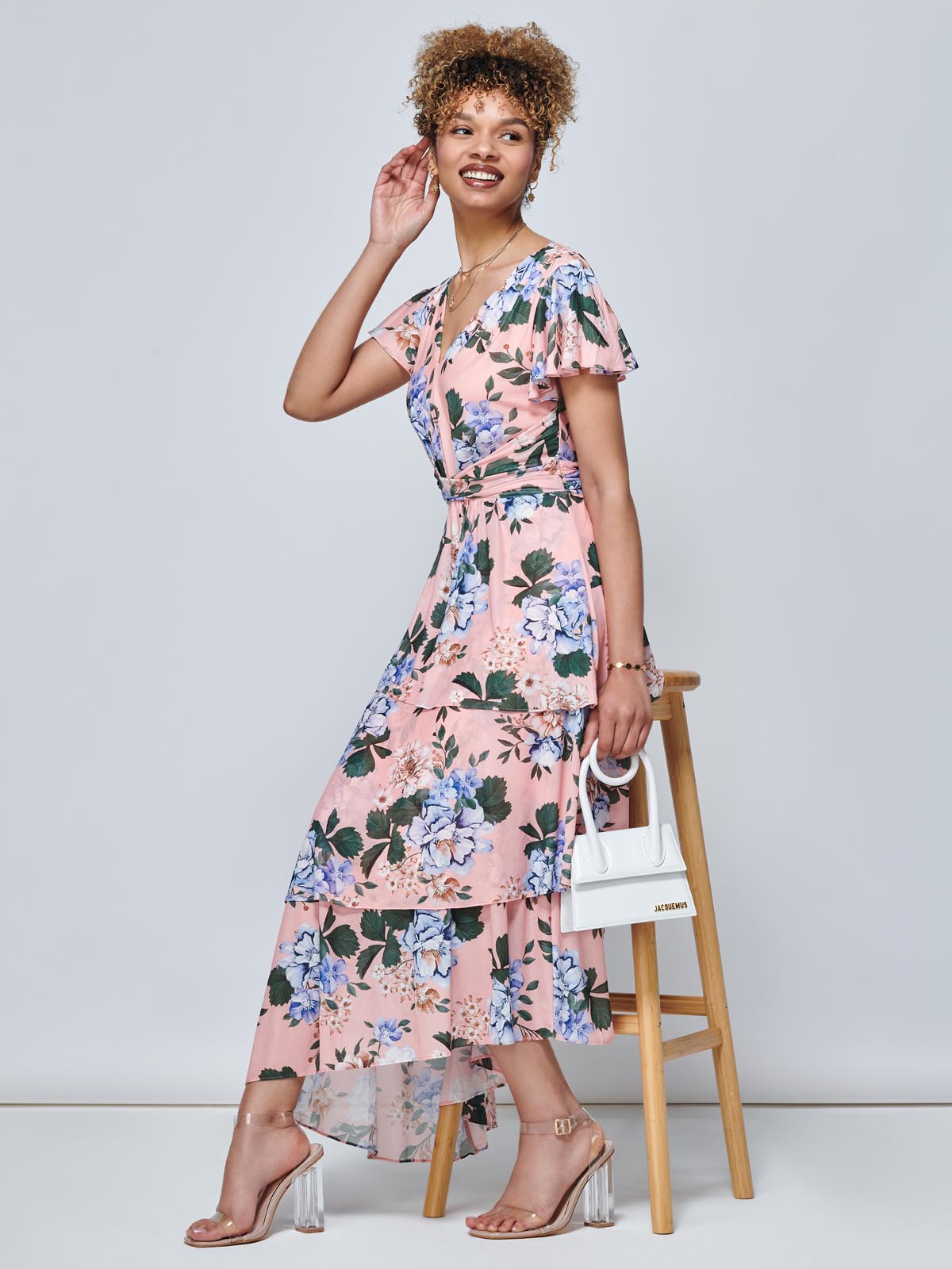 Danica Tiered Hem Mesh Maxi Dress, Pink Multi