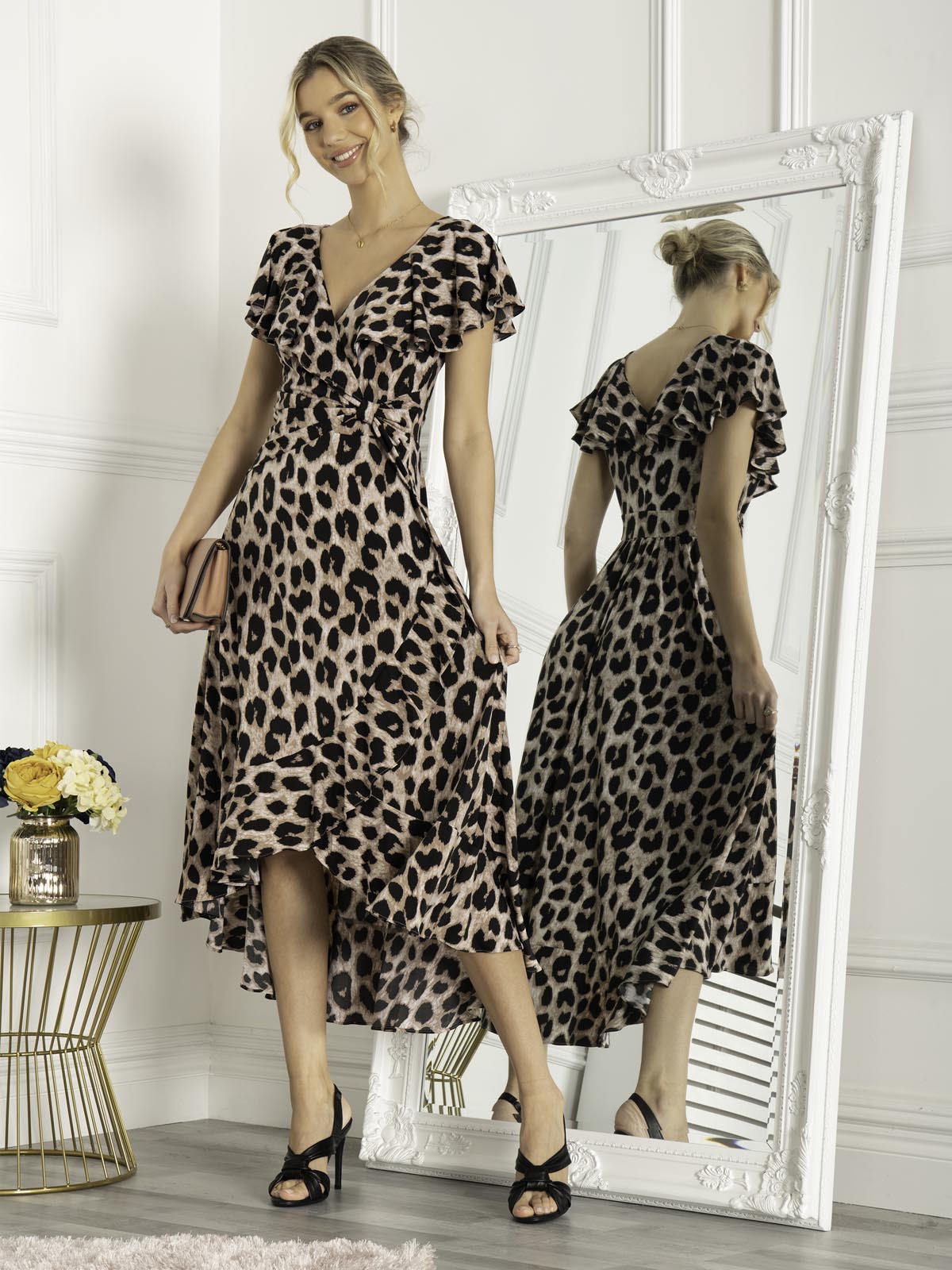 Luciana Frilly Dip Leopard Maxi Dress, Pink Animal