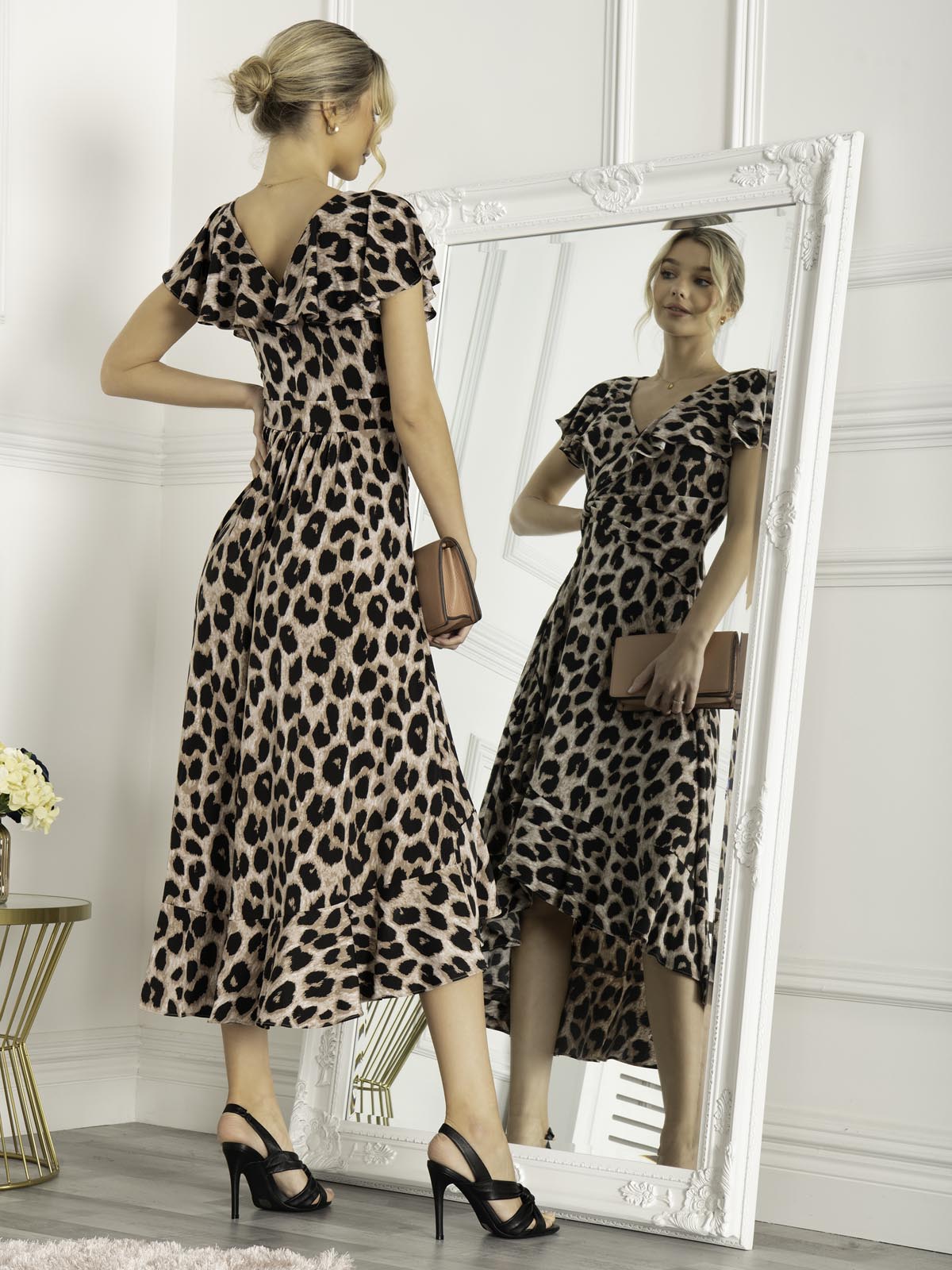 Luciana Frilly Dip Leopard Maxi Dress, Pink Animal