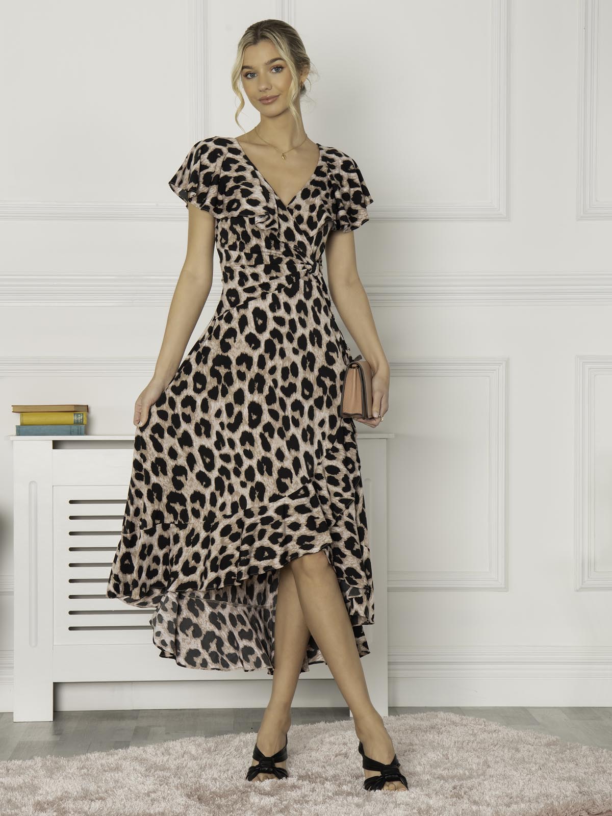 Luciana Frilly Dip Leopard Maxi Dress, Pink Animal