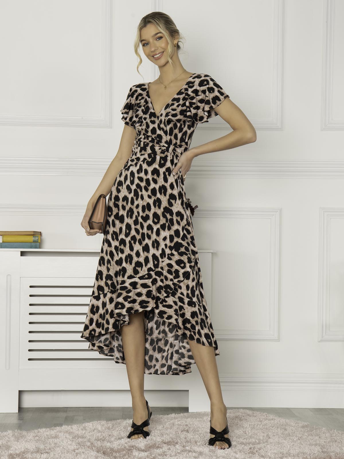 Luciana Frilly Dip Leopard Maxi Dress, Pink Animal
