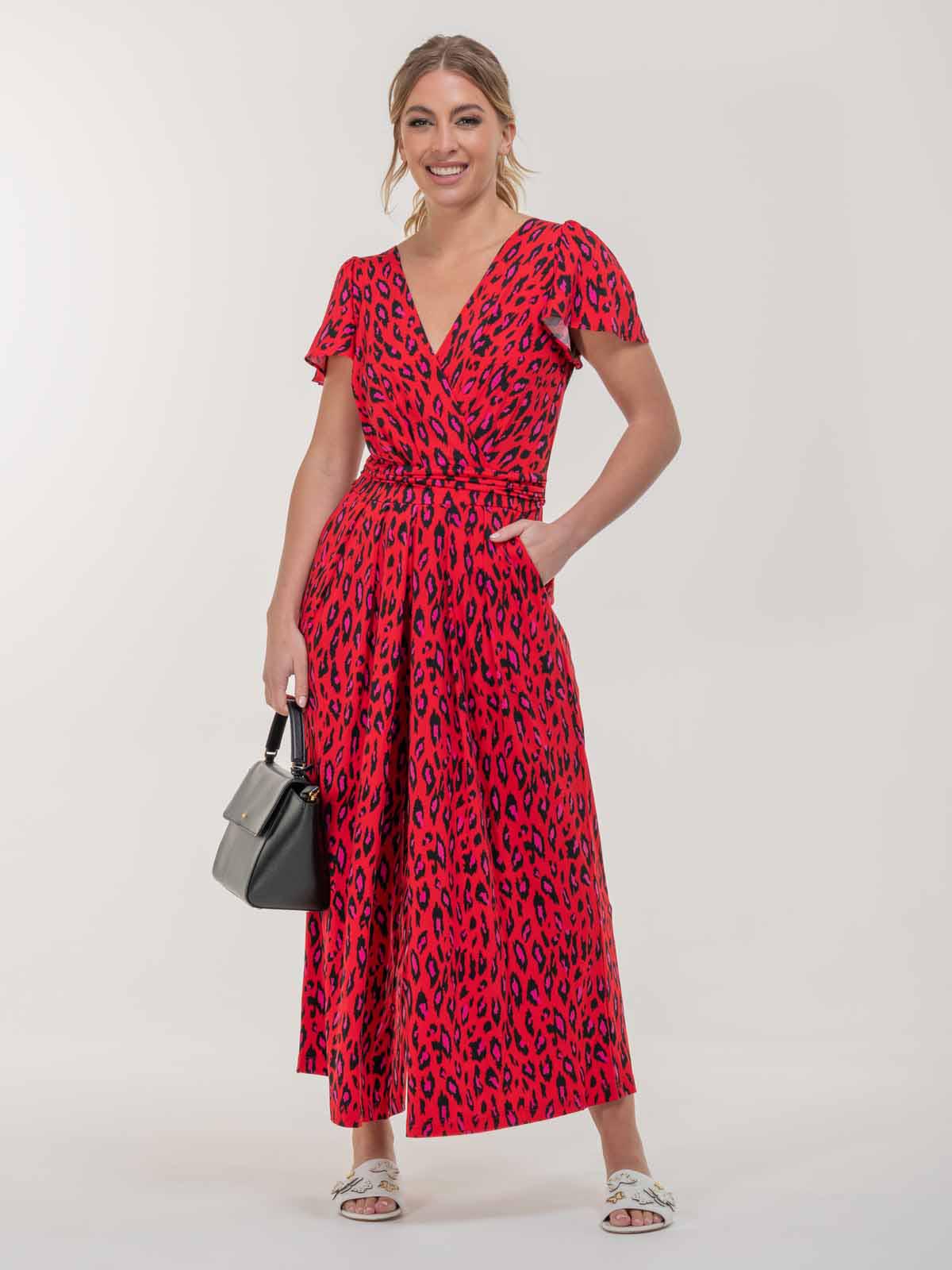 Sandra Cap Sleeve Culotte Jumpsuit, Red Animal