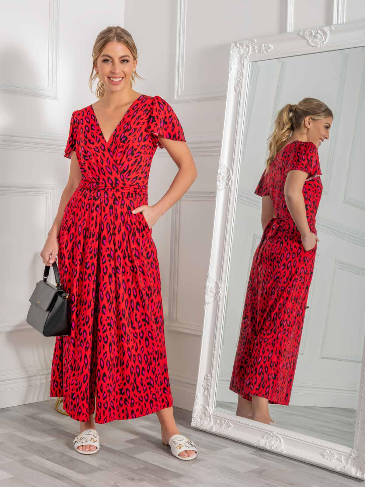 Sandra Cap Sleeve Culotte Jumpsuit, Red Animal