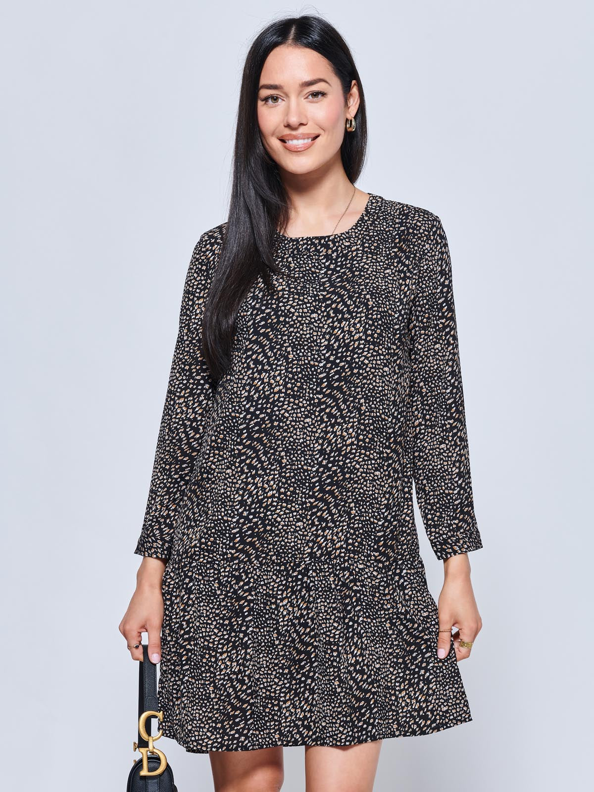 Jolene Tiered Hem Tunic Dress, Black Animal