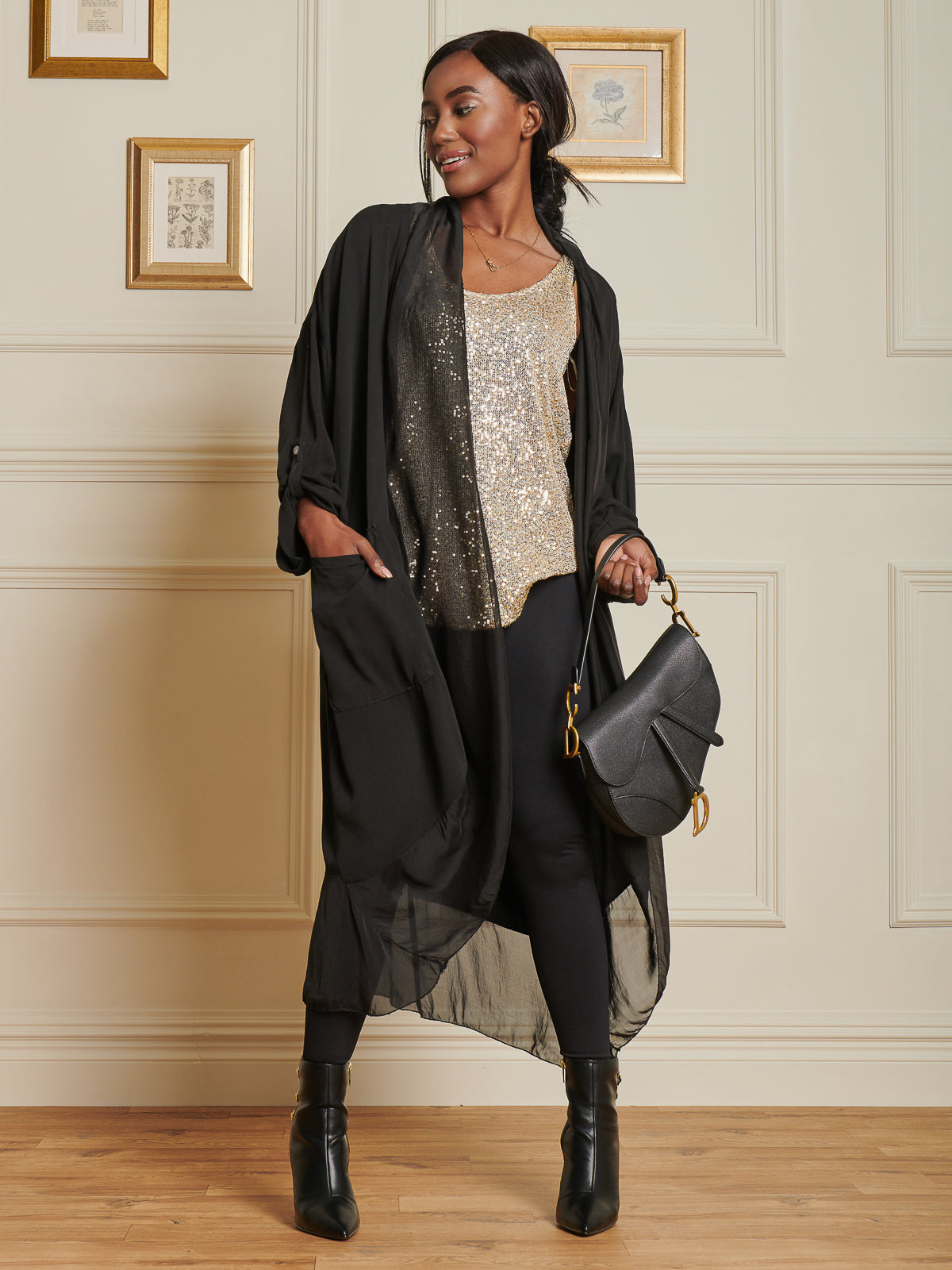 Made In Italy Silk Trim Wrap Tunic Maxi Dress, Black