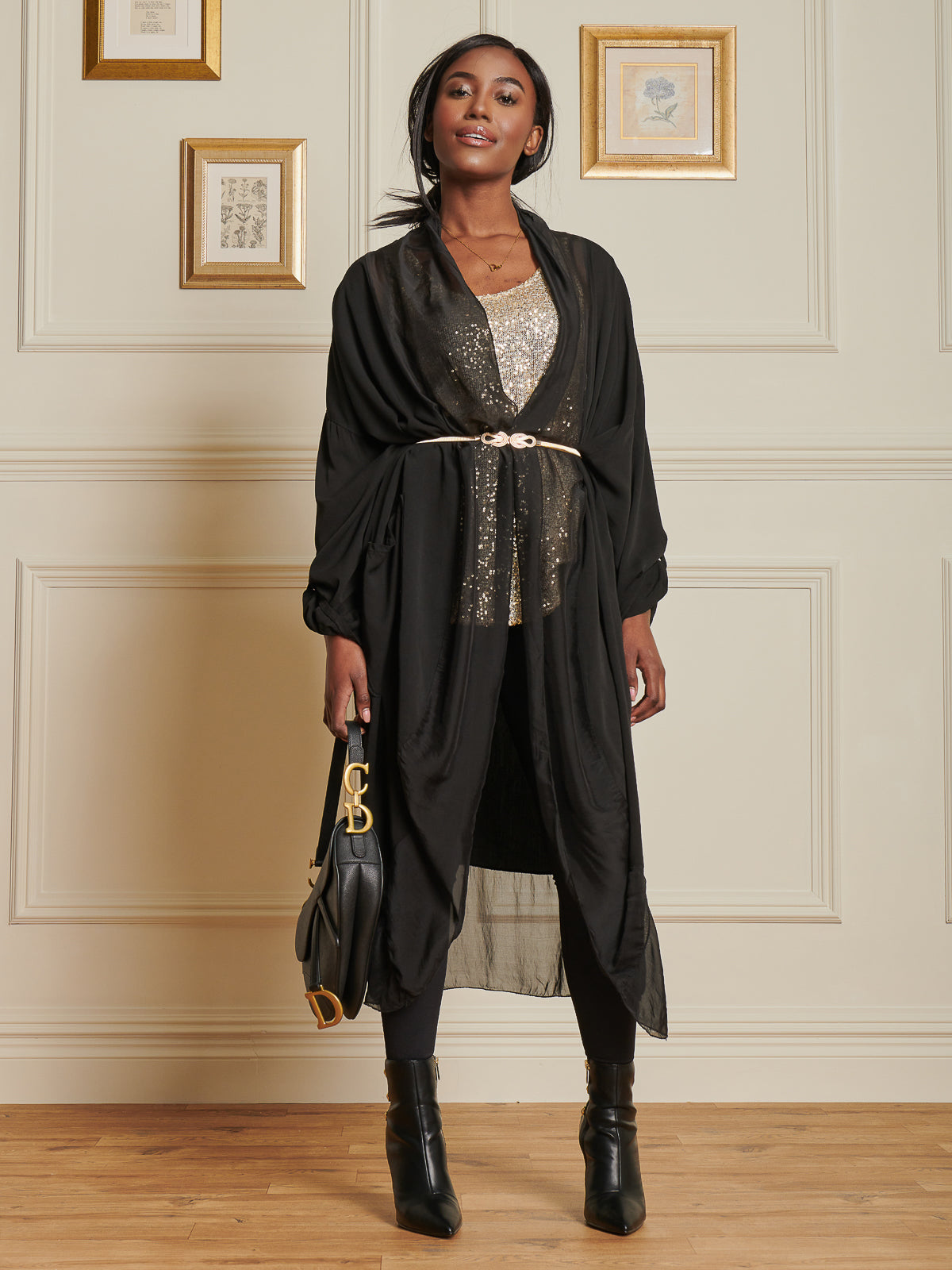 Made In Italy Silk Trim Wrap Tunic Maxi Dress, Black