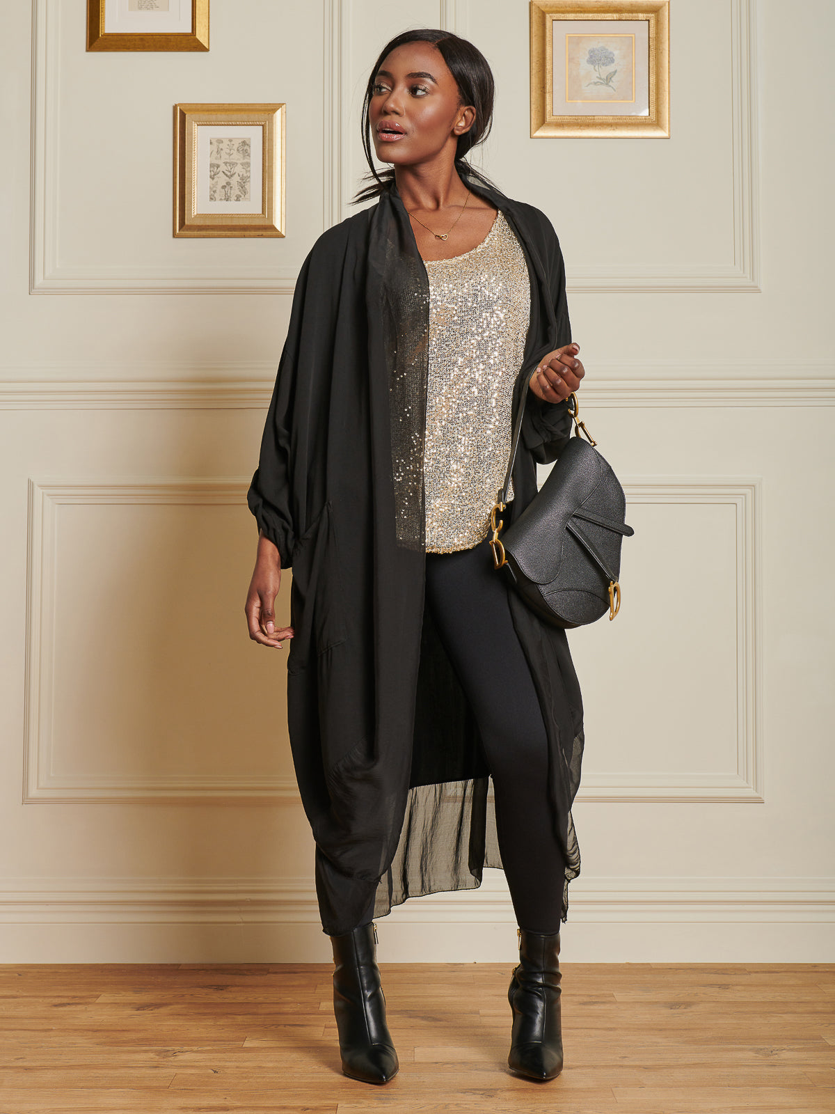 Made In Italy Silk Trim Wrap Tunic Maxi Dress, Black