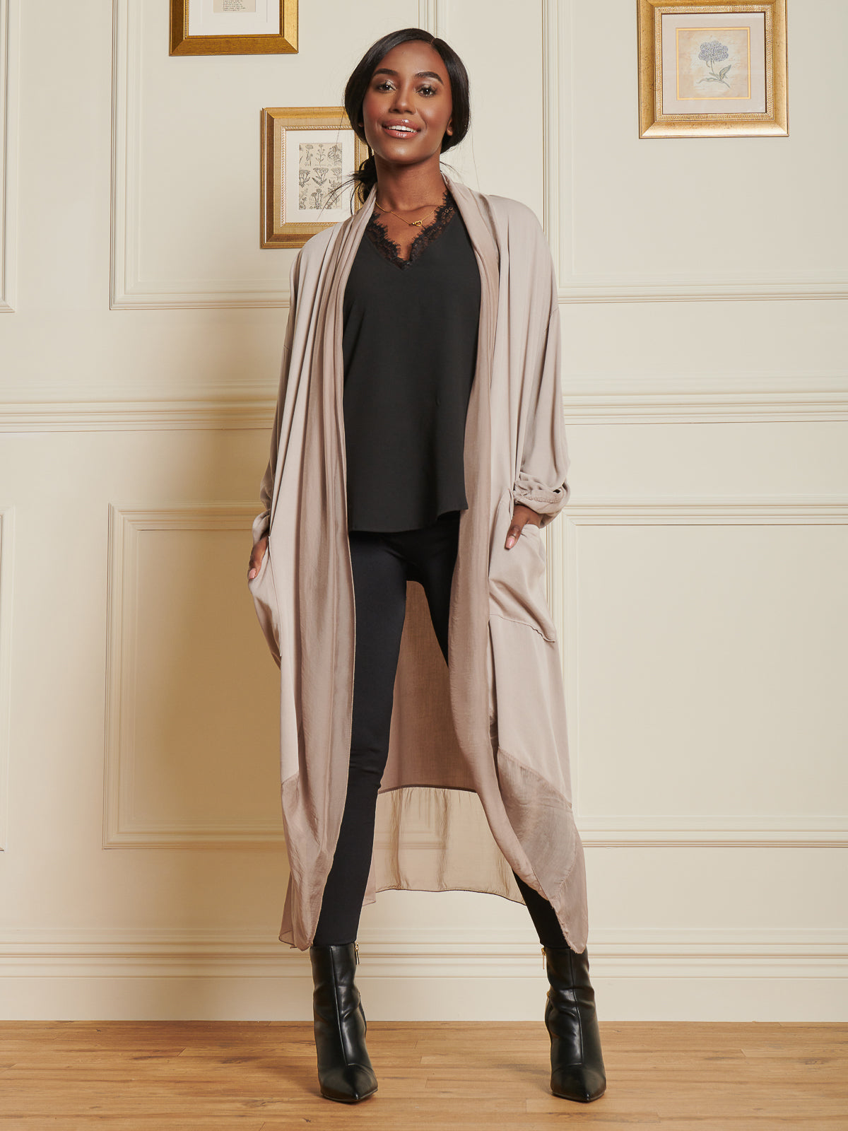 Made In Italy Silk Trim Wrap Tunic Maxi Dress, Taupe