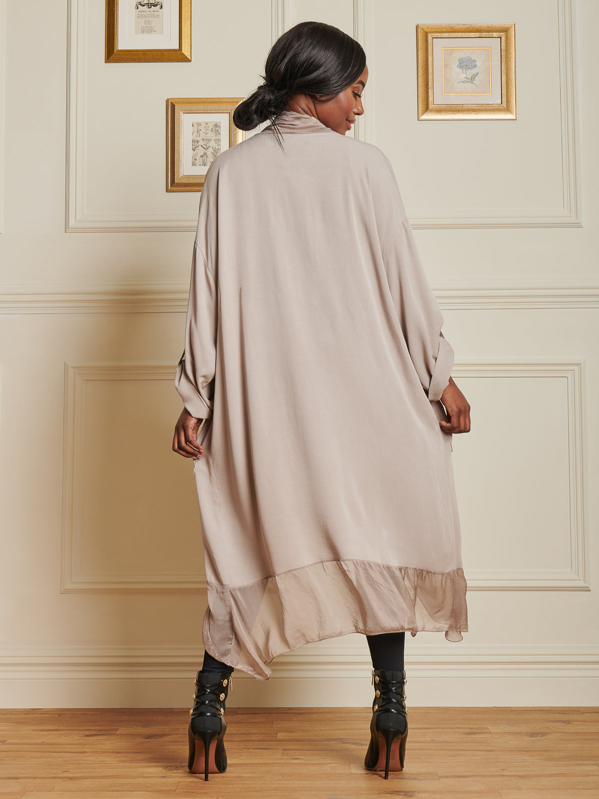 Made In Italy Silk Trim Wrap Tunic Maxi Dress, Taupe