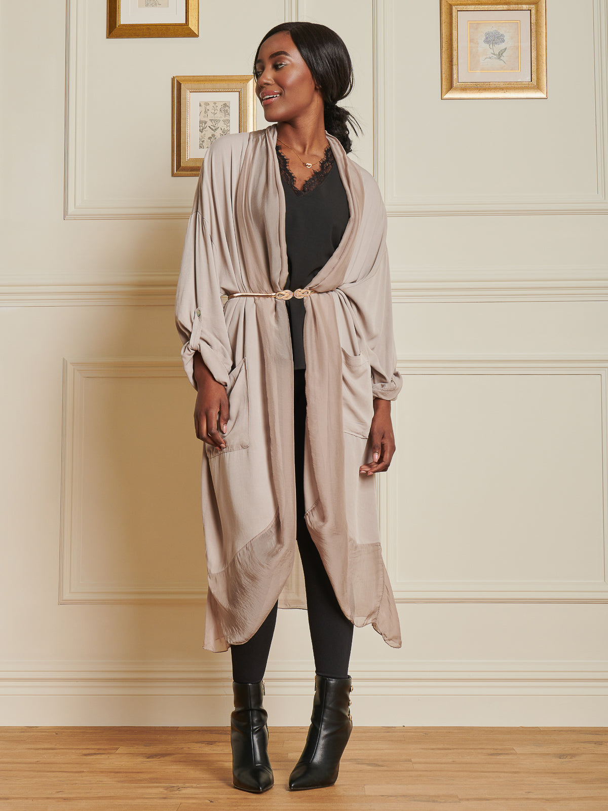Made In Italy Silk Trim Wrap Tunic Maxi Dress, Taupe