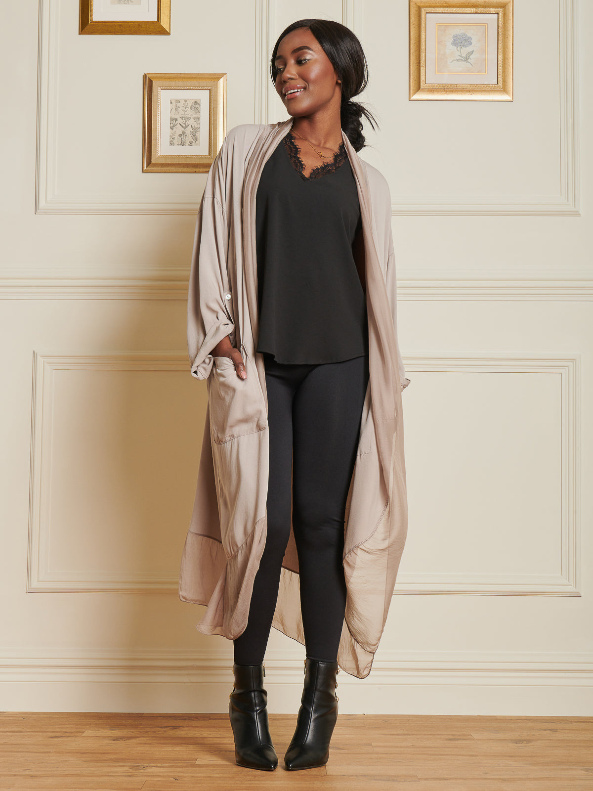 Made In Italy Silk Trim Wrap Tunic Maxi Dress, Taupe