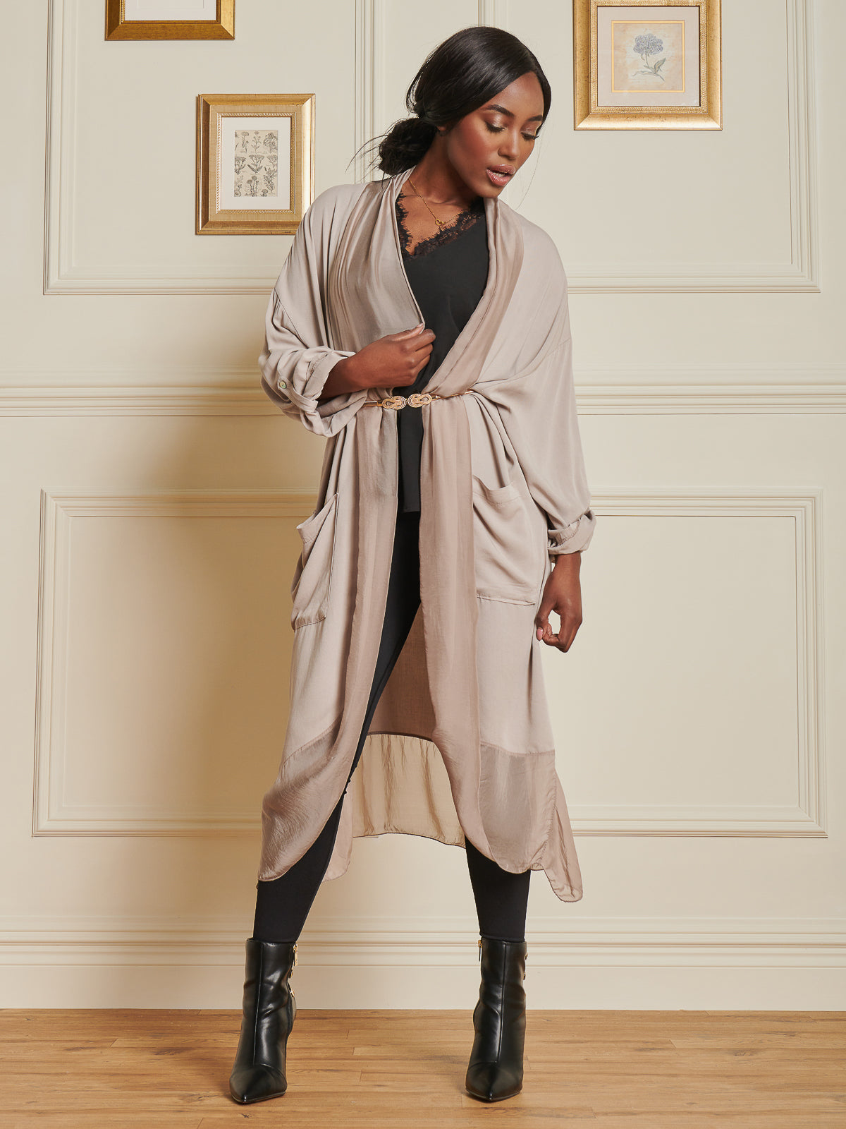 Made In Italy Silk Trim Wrap Tunic Maxi Dress, Taupe