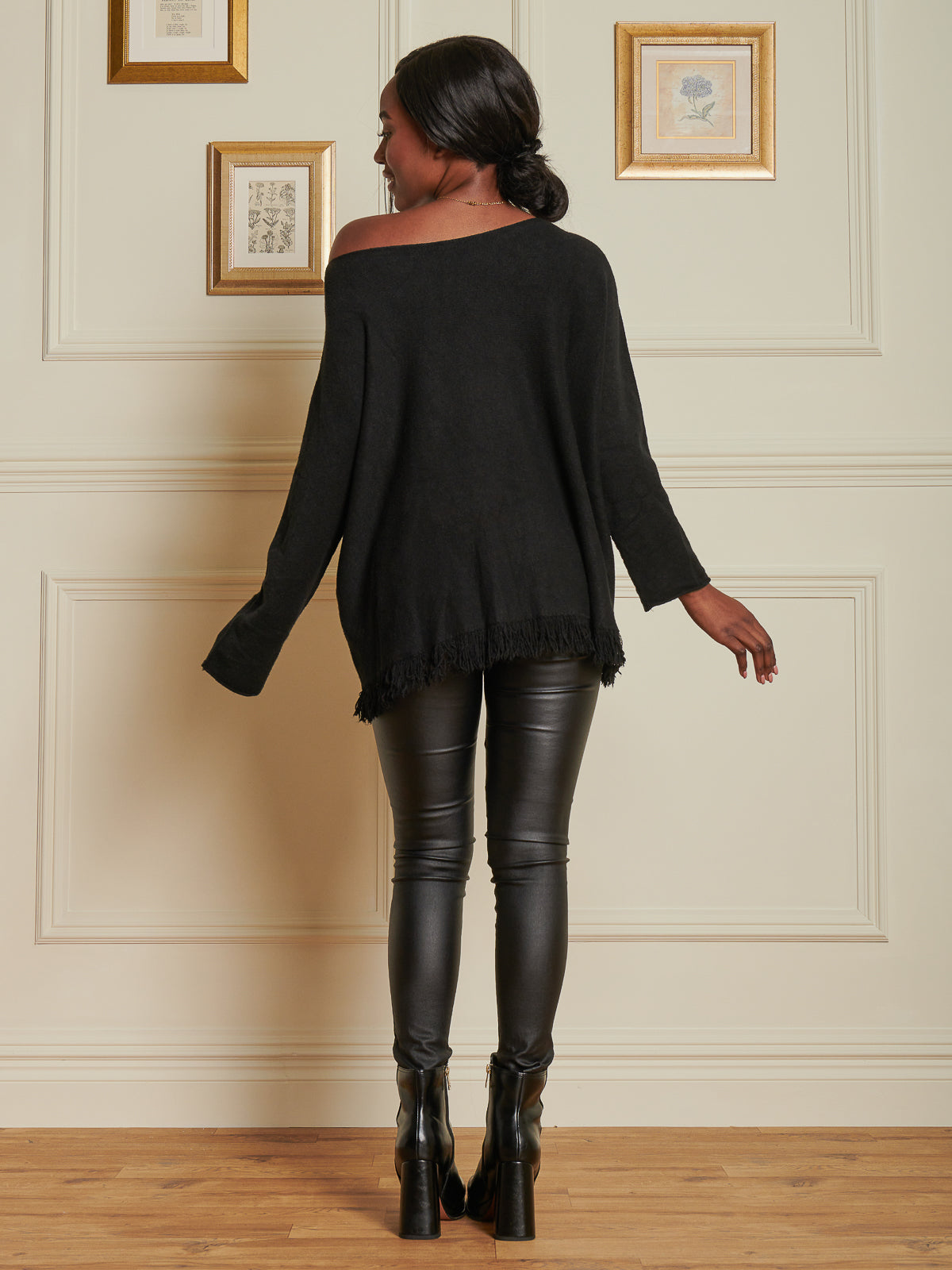 Made In Italy Knitted Fringe Detail Jumper, Black
