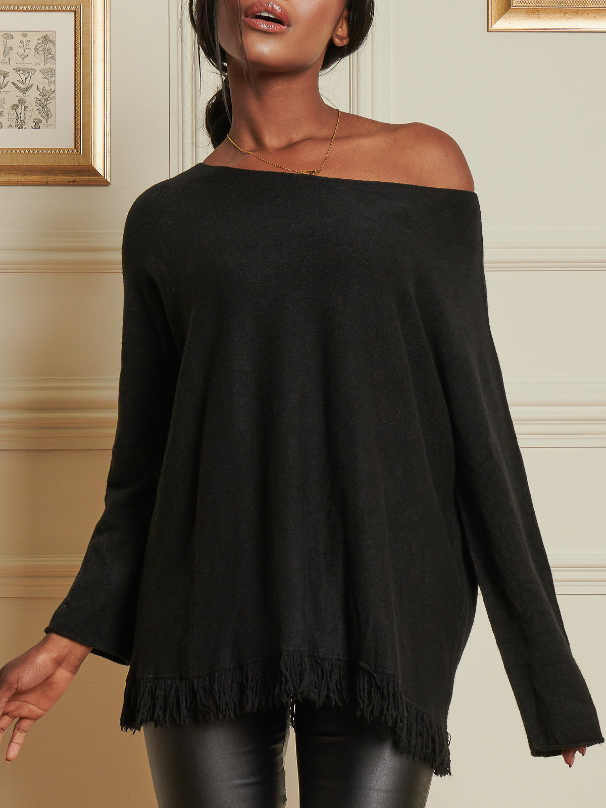 Made In Italy Knitted Fringe Detail Jumper, Black