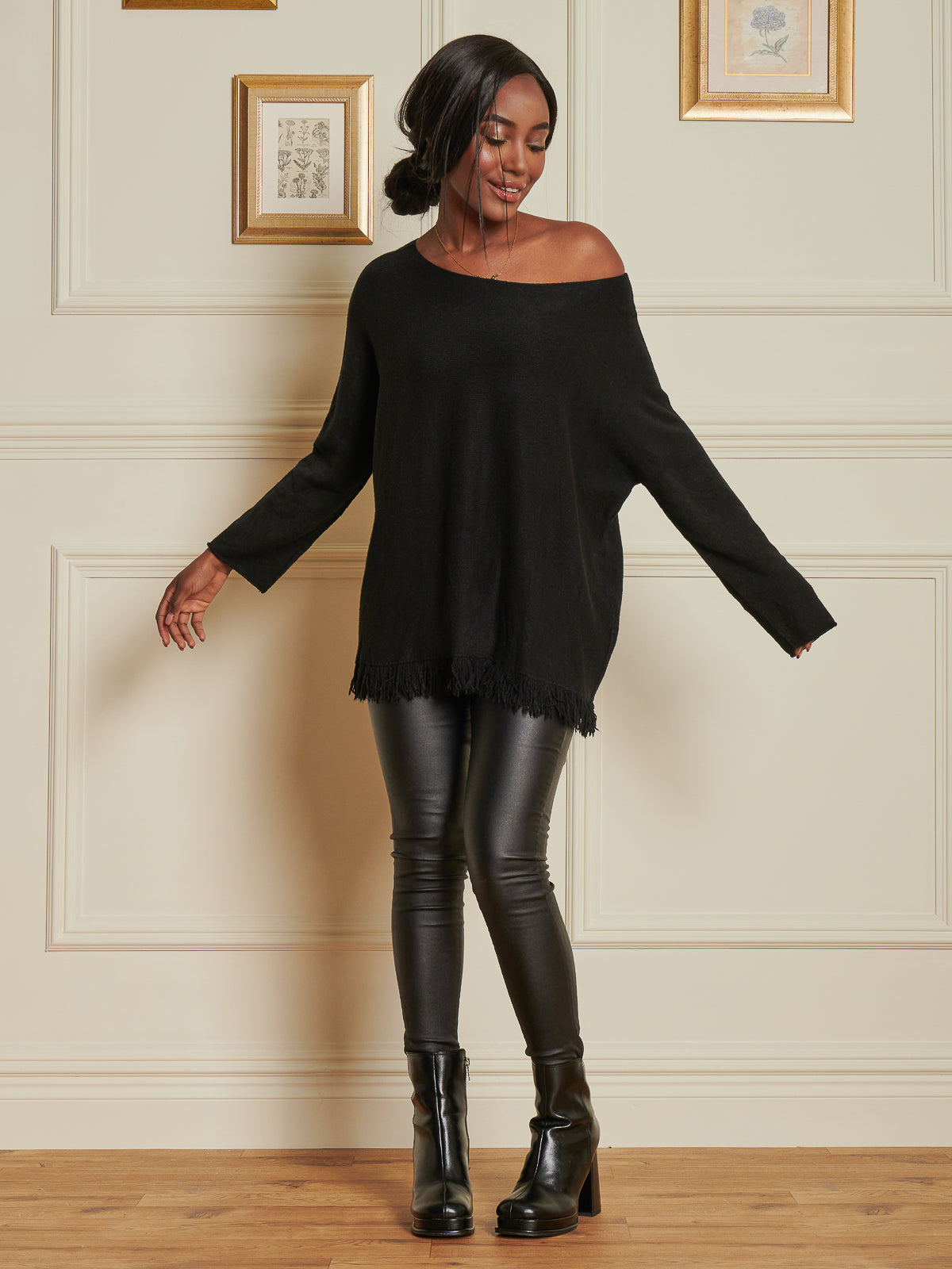 Made In Italy Knitted Fringe Detail Jumper, Black