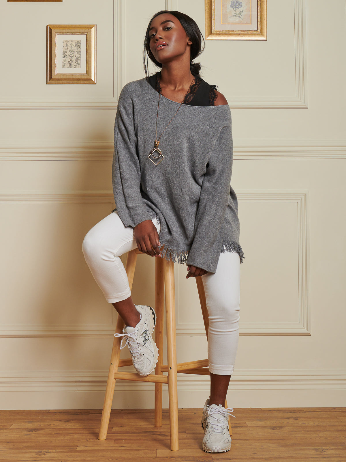 Made In Italy Knitted Fringe Detail Jumper, Grey