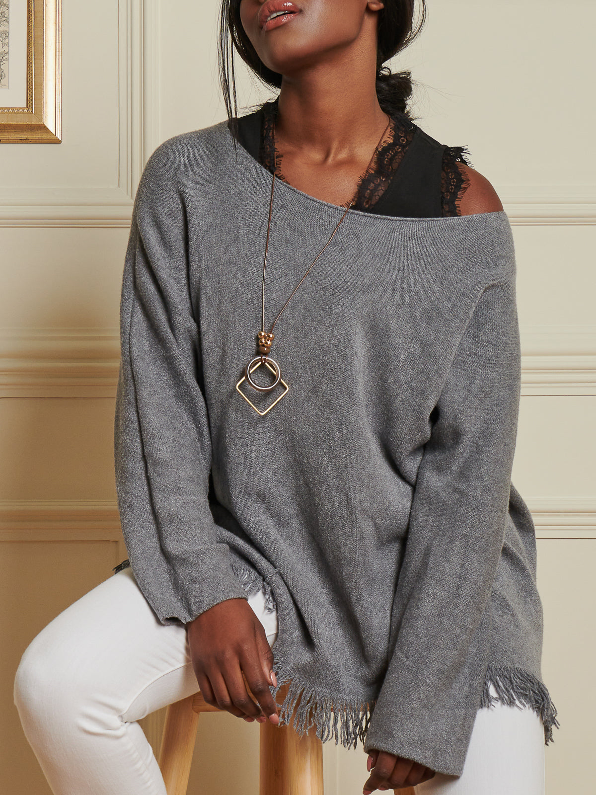 Made In Italy Knitted Fringe Detail Jumper, Grey