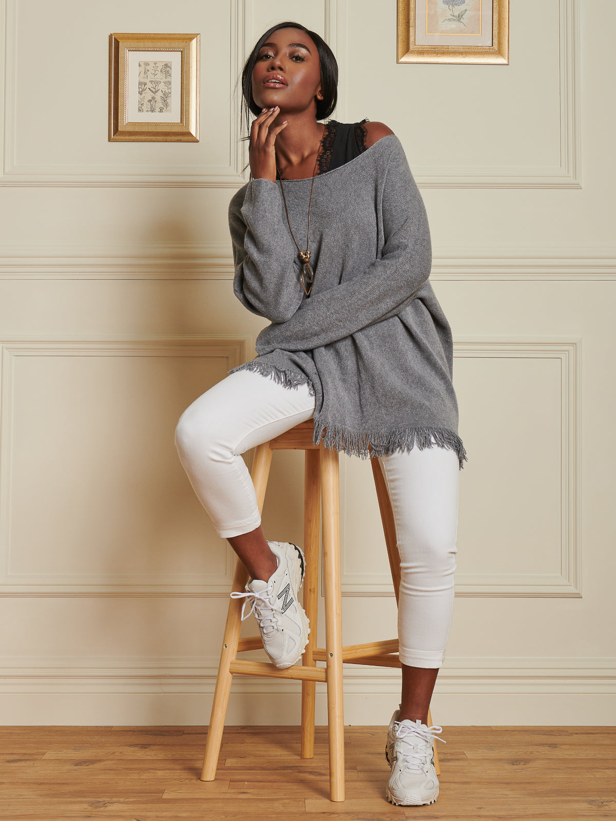 Made In Italy Knitted Fringe Detail Jumper, Grey