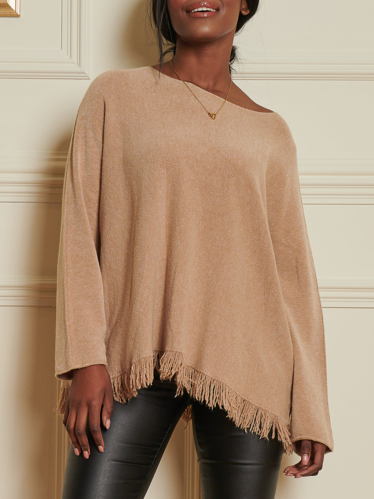 Made In Italy Knitted Fringe Detail Jumper, Khaki