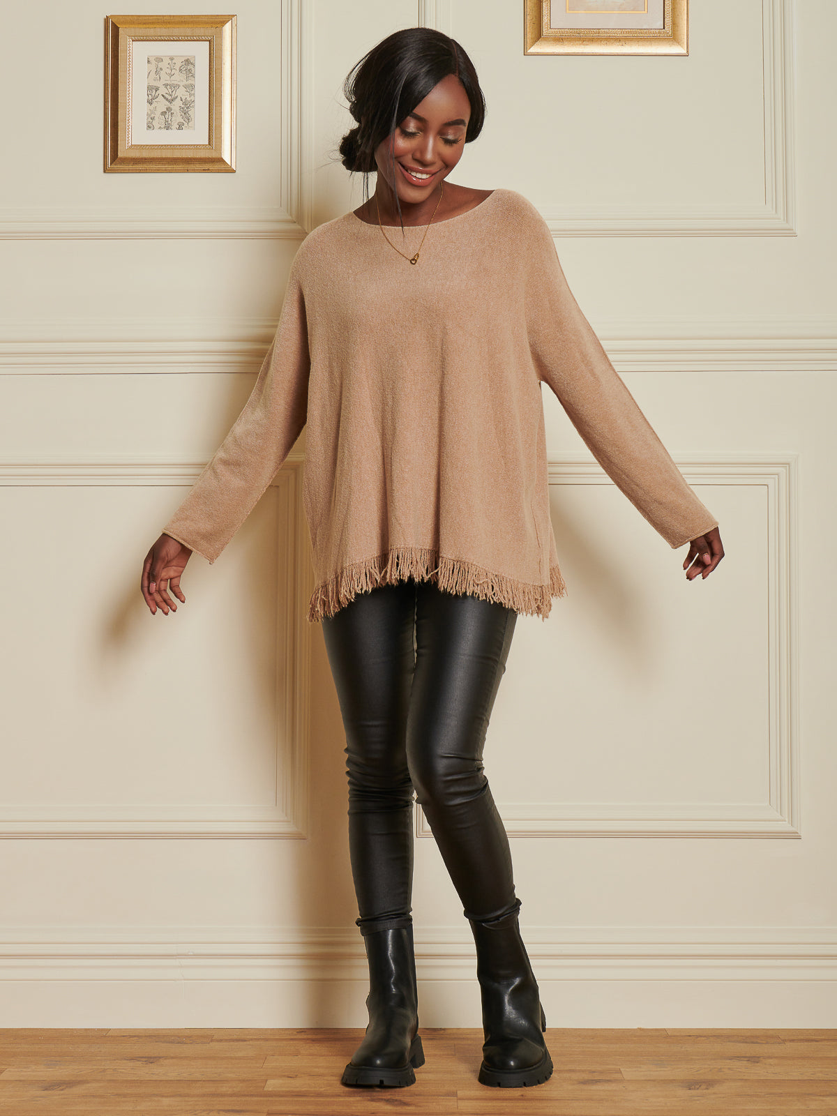 Made In Italy Knitted Fringe Detail Jumper, Khaki
